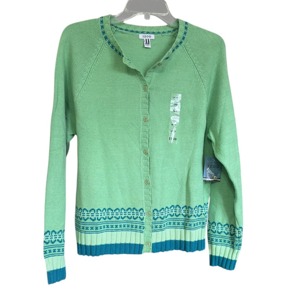 Vintage Izod Womens Green Northern Lights Button Front Cardigan Sweater Sz L NWT
